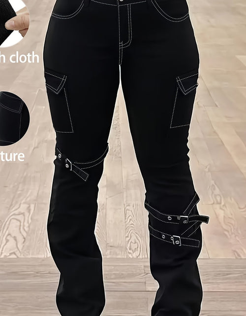 Load image into Gallery viewer, Plus Size Women American Retro Street Jeans - Solid Black Detachable Lace-Up Flap Side Pockets, Bootcut High Waist, Mature Comfortable Fashion Outfit
