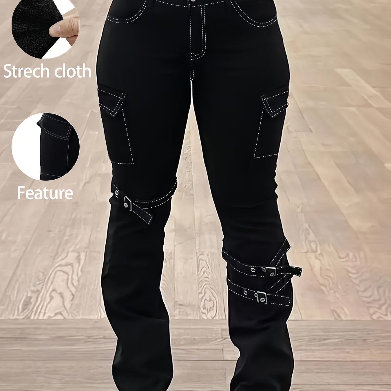 Plus Size Women American Retro Street Jeans - Solid Black Detachable Lace-Up Flap Side Pockets, Bootcut High Waist, Mature Comfortable Fashion Outfit