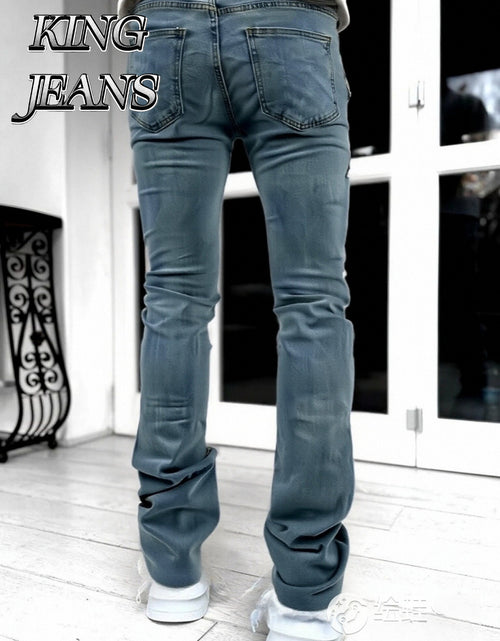 Load image into Gallery viewer, - Men Slim Straight Denim Trousers Featuring Layered Rips And Patchwork - Mid-Rise with a Zipper, Fringed Design, Ideal for Street Fashion,
