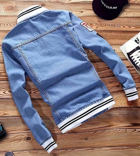 Men Vintage-Style Distressed Denim Jacket - Slim Fit Fashionable Motorcycle Outerwear, Featuring Embroidery Design, Blue Casual Streetwear, Trendy And Stylish, Distressed Denim Apparel | Classic Baseball Jacket Style Design