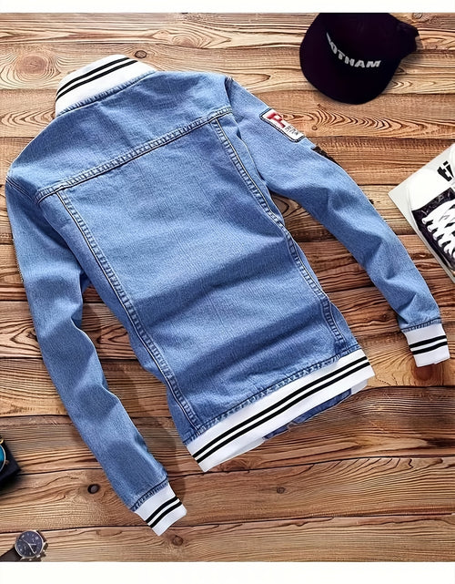 Load image into Gallery viewer, Men Vintage-Style Distressed Denim Jacket - Slim Fit Fashionable Motorcycle Outerwear, Featuring Embroidery Design, Blue Casual Streetwear, Trendy And Stylish, Distressed Denim Apparel | Classic Baseball Jacket Style Design
