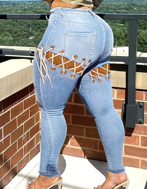 Load image into Gallery viewer, Women Plus Size Mid-waist Sexy Skinny Jeans With Sexy Cross Straps High Elasticity, Comfortable And Soft Denim Fabric
