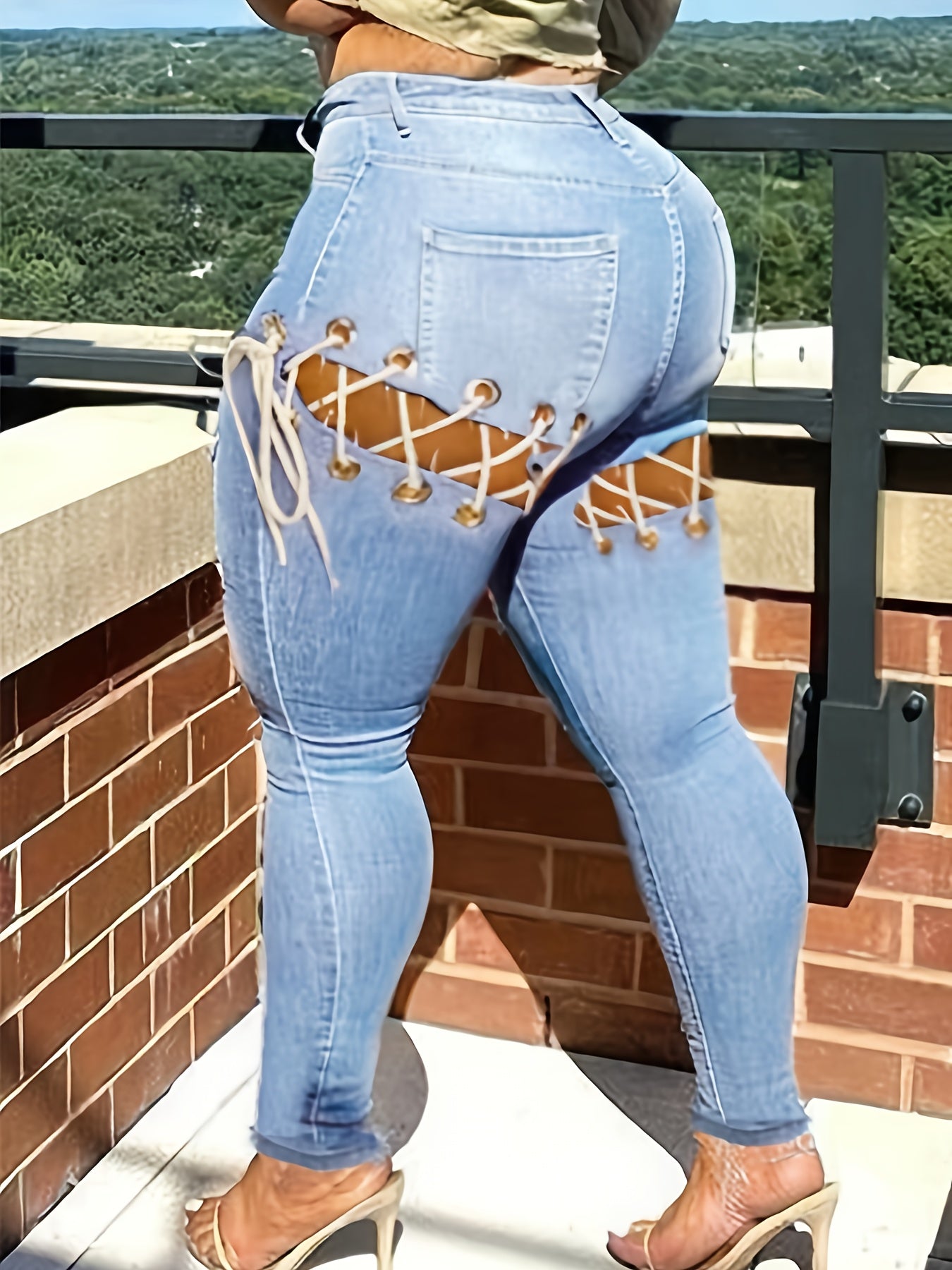 Women Plus Size Mid-waist Sexy Skinny Jeans With Sexy Cross Straps High Elasticity, Comfortable And Soft Denim Fabric
