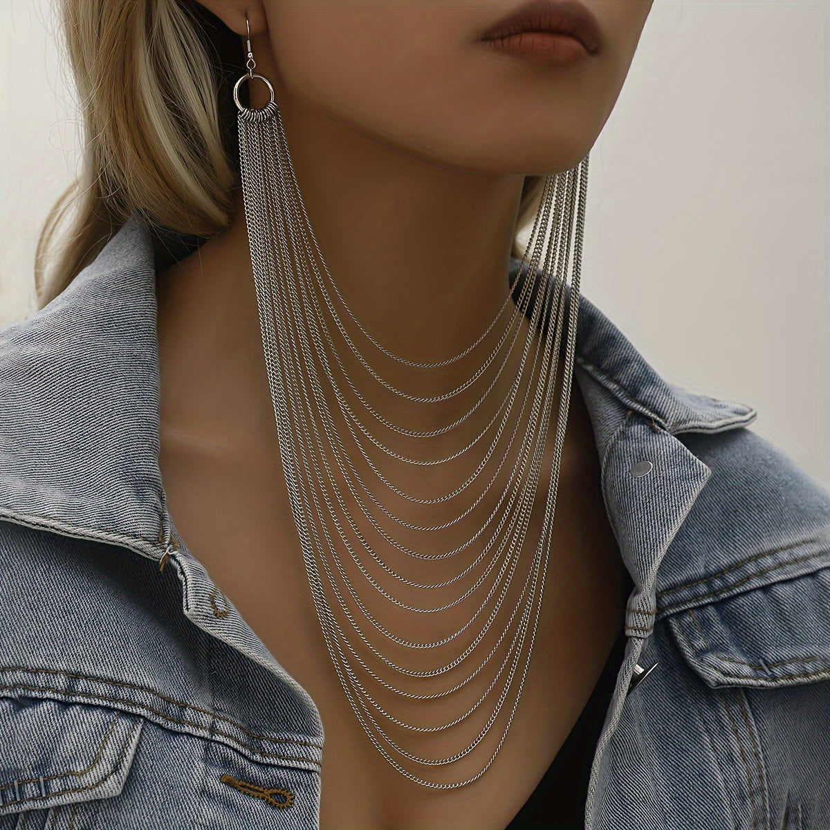 Punk Style Chain Earring Fashionable Punk Style Multi-layer Chain Left And Right Connected Earrings