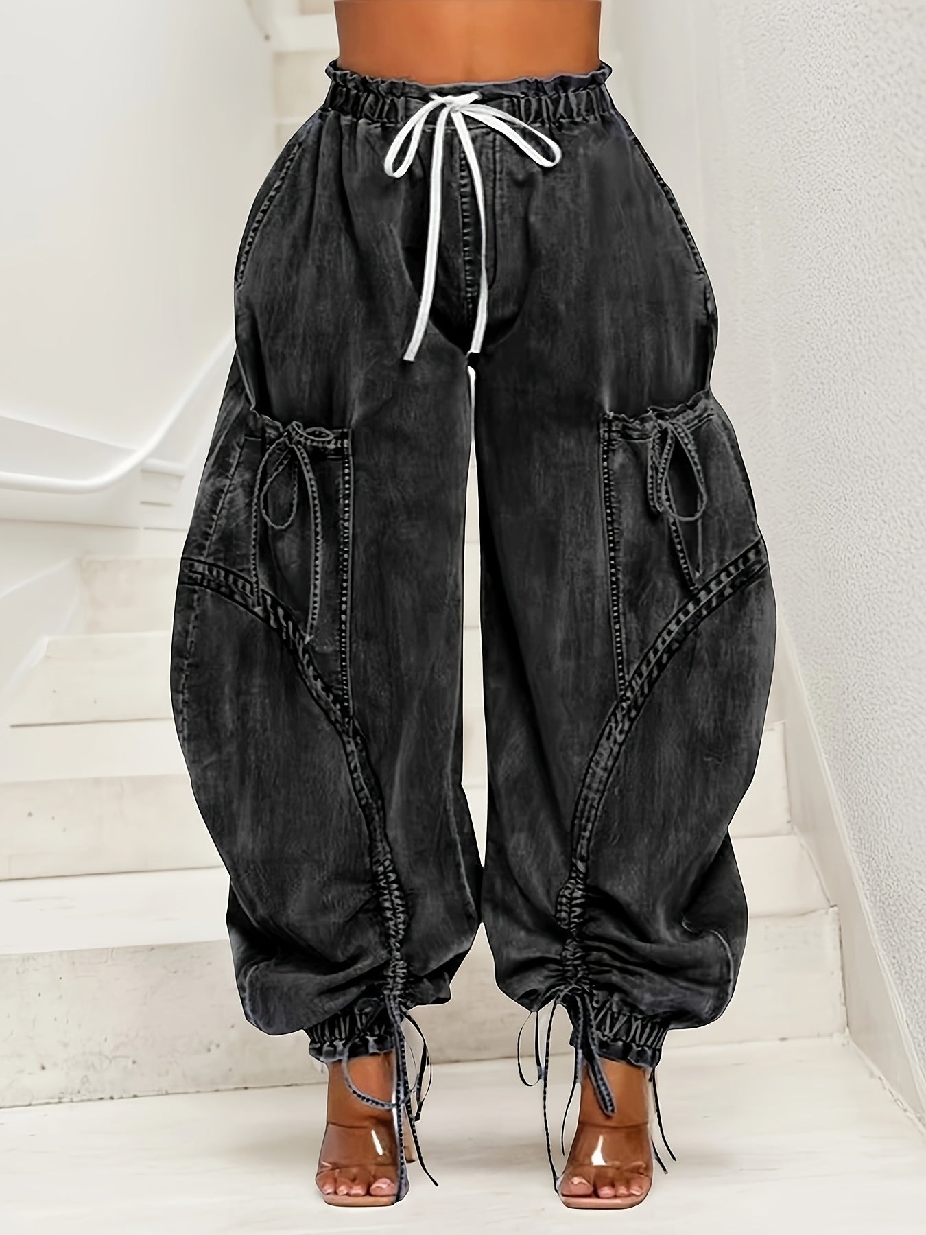 [Y2k Barrel Jeans] High Waist  Women Loose Barrel Jeans - Drawstring Bow Tie Cargo Vintage Wide Leg Ankle Denim Joggers