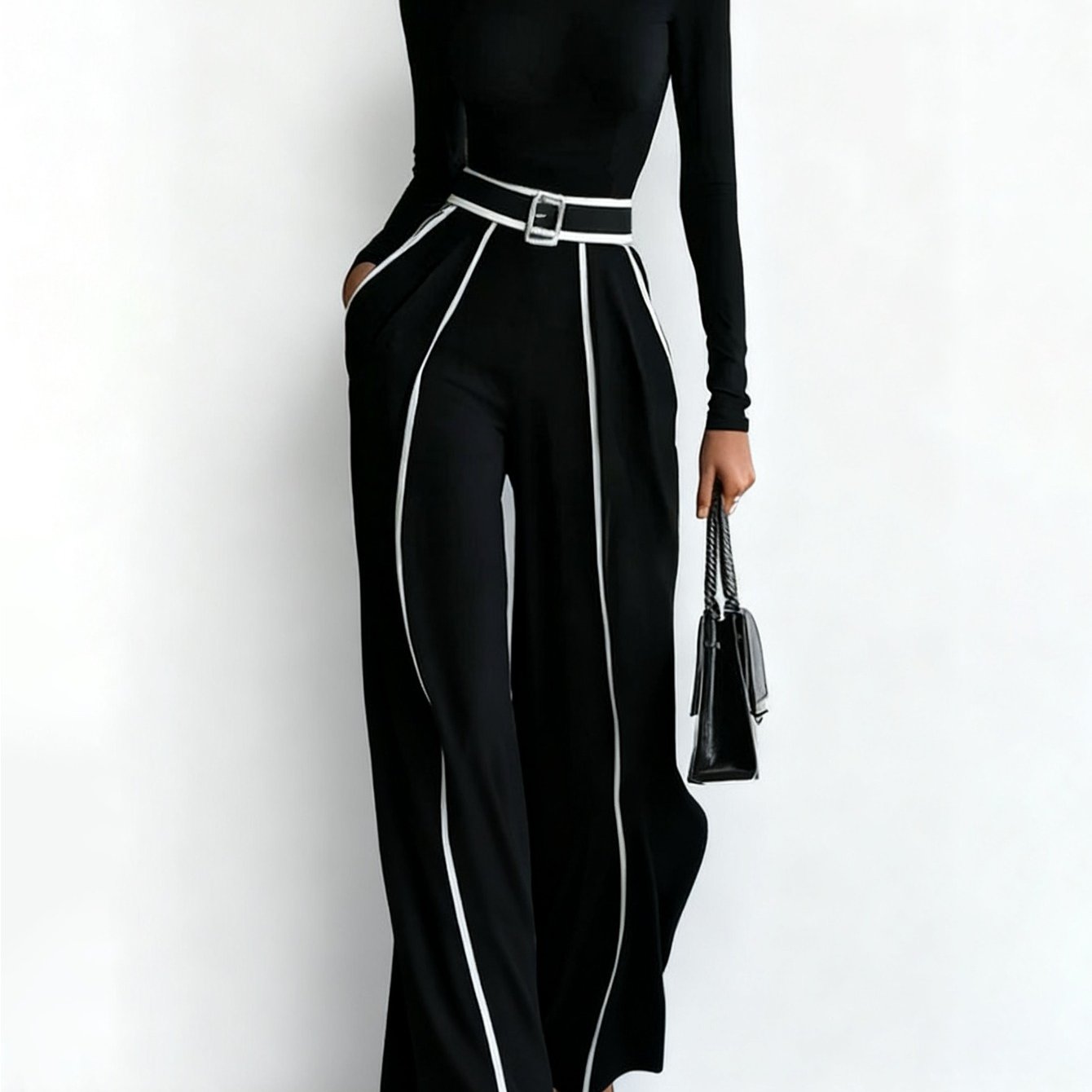 Black Mock Neck Top + Black White Striped Wide-Leg Pants Set for Women | Capable Fashion Style