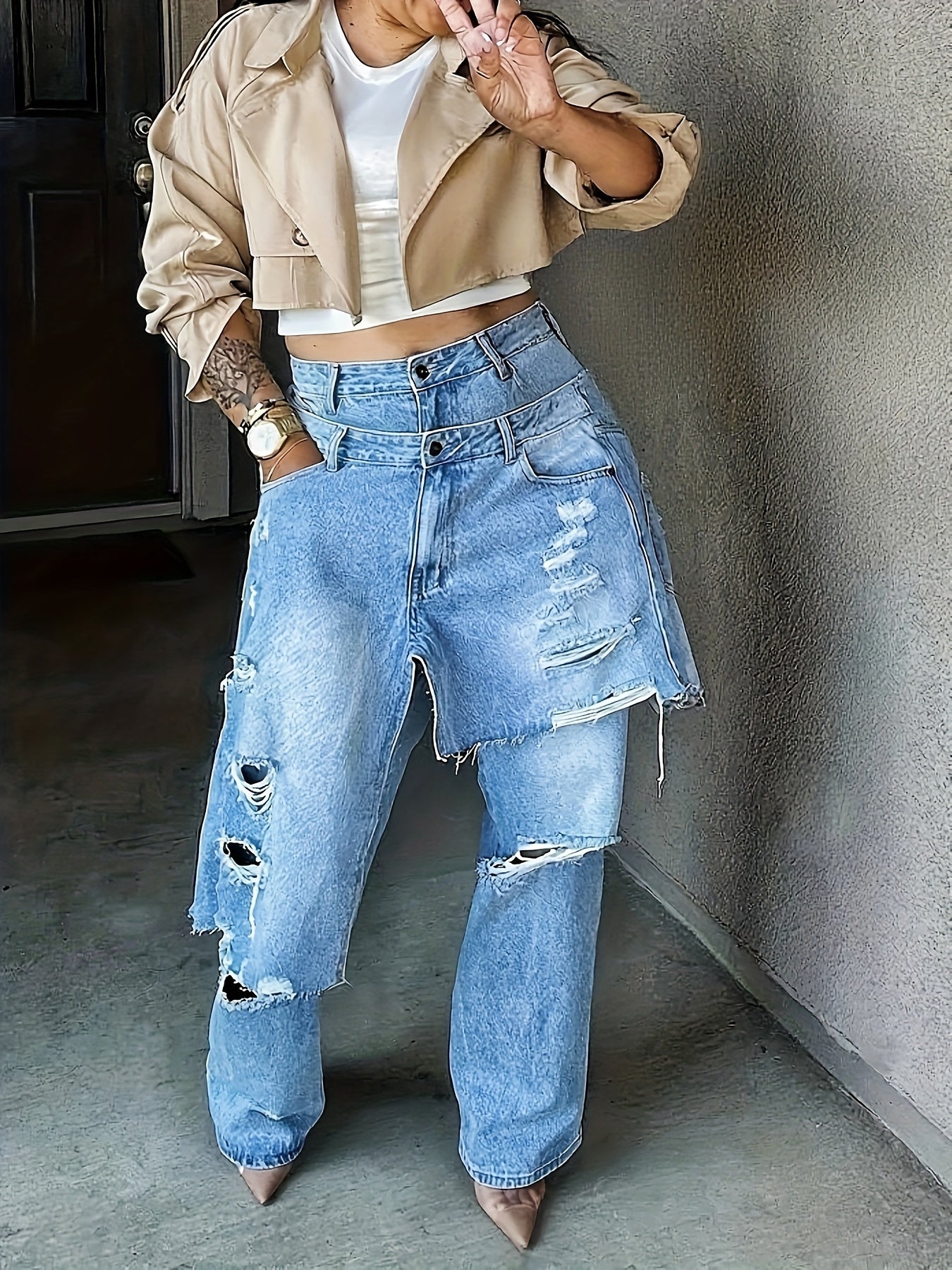 Edgy, Deconstructed Jeans  Women's 2-in-1 Low Rise Vintage Wash & Asymmetric Distressed Rips - Edgy Streetwear Denim Pants
