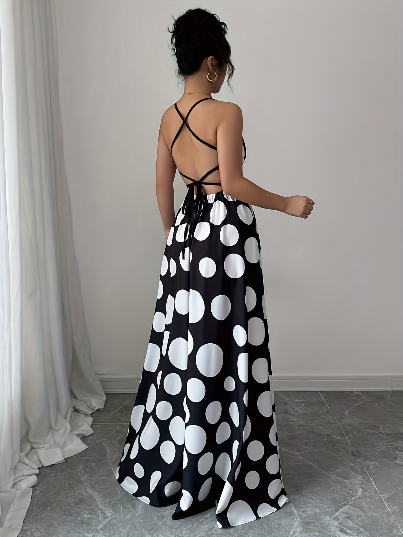 Women Sleeveless Black and White Polka Dot Maxi Dress with Tie Back Detail - Perfect for Spring/Summer/Fall, Vacation Style, Regular Fit, ,Flared Hem, Adult Size, Vacation Attire |Flared Hemline |Backless Dress