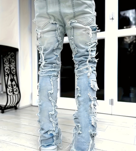 Men Casual Stretch Faux Denim with Creative Tassel Decoration, Tailored for a Slim Fit, Embodying Street Style for Hip-Hop And Skate Culture