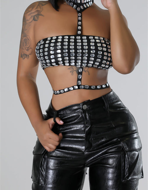 Load image into Gallery viewer, Women&#39;S Halter Tank Tops Shiny Rhinestone Sleeveless Back Tie-up Vest Slim Fit Crop Streetwear
