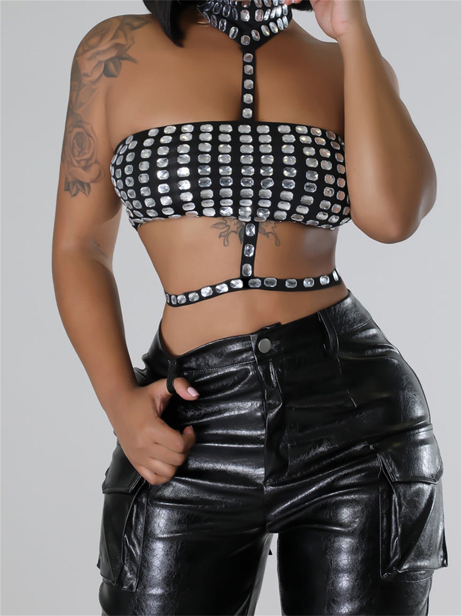 Women'S Halter Tank Tops Shiny Rhinestone Sleeveless Back Tie-up Vest Slim Fit Crop Streetwear