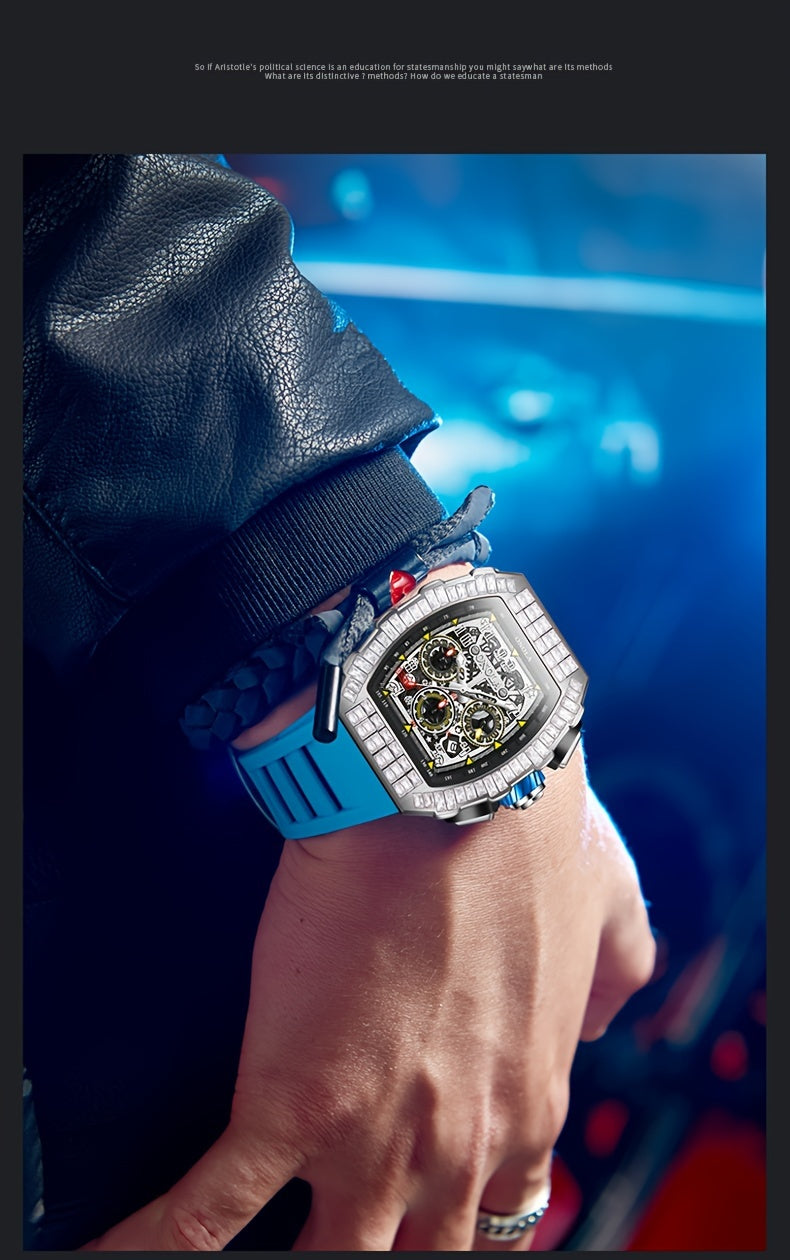Men Automatic Mechanical Watch, Barrel Shape Hollow Tourbillon, Date Display, High-quality 3ATM Waterproof, Suitable For Casual And Formal Occasions, Daily Wear, Luxurious Sports Watch