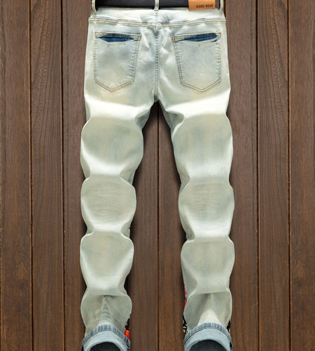 Retro Men's Graffiti Printed Jeans Street Fashion Trend Zip Fly Regular Fit Slight Stretch Denim