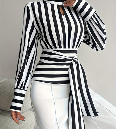 Women Elegant Striped High Neck Lace-Up Blouse with Back Zipper & Adjustable Waist Tie - Black/White/Gray Horizontal Stripes Shirt Jacket-like Top  (Machine Washable)