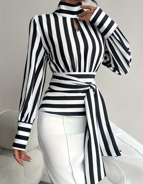 Load image into Gallery viewer, Women Elegant Striped High Neck Lace-Up Blouse with Back Zipper &amp; Adjustable Waist Tie - Black/White/Gray Horizontal Stripes Shirt Jacket-like Top  (Machine Washable)
