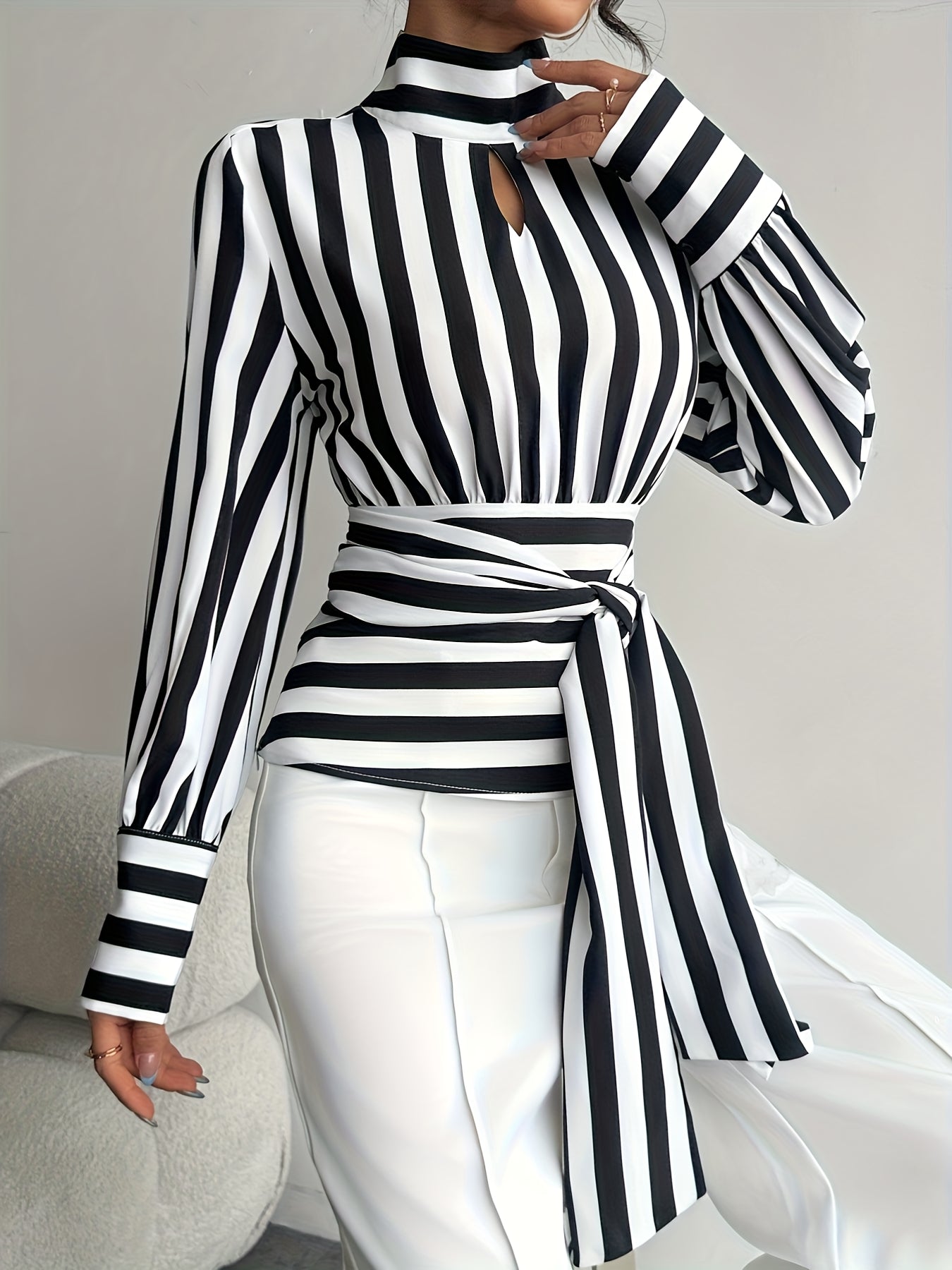 Women Elegant Striped High Neck Lace-Up Blouse with Back Zipper & Adjustable Waist Tie - Black/White/Gray Horizontal Stripes Shirt Jacket-like Top  (Machine Washable)