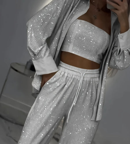 Women Elegant Three-Piece Set - Long Sleeve Loose Fit Jacket, Bustier & Wide-Leg Pants, Elastic Fabric, Button Front Closure Top