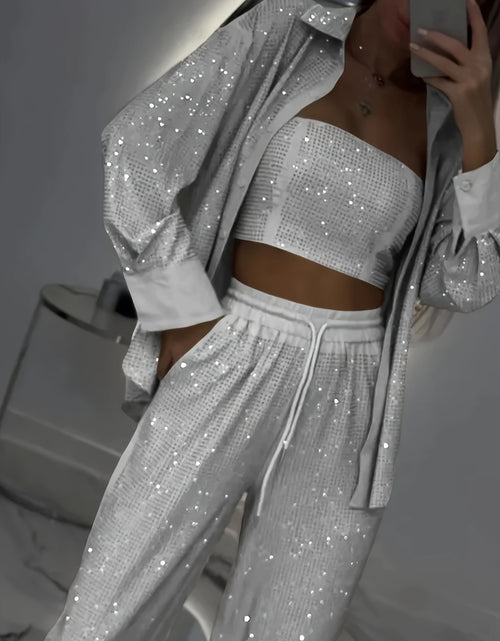 Load image into Gallery viewer, Women Elegant Three-Piece Set - Long Sleeve Loose Fit Jacket, Bustier &amp; Wide-Leg Pants, Elastic Fabric, Button Front Closure Top
