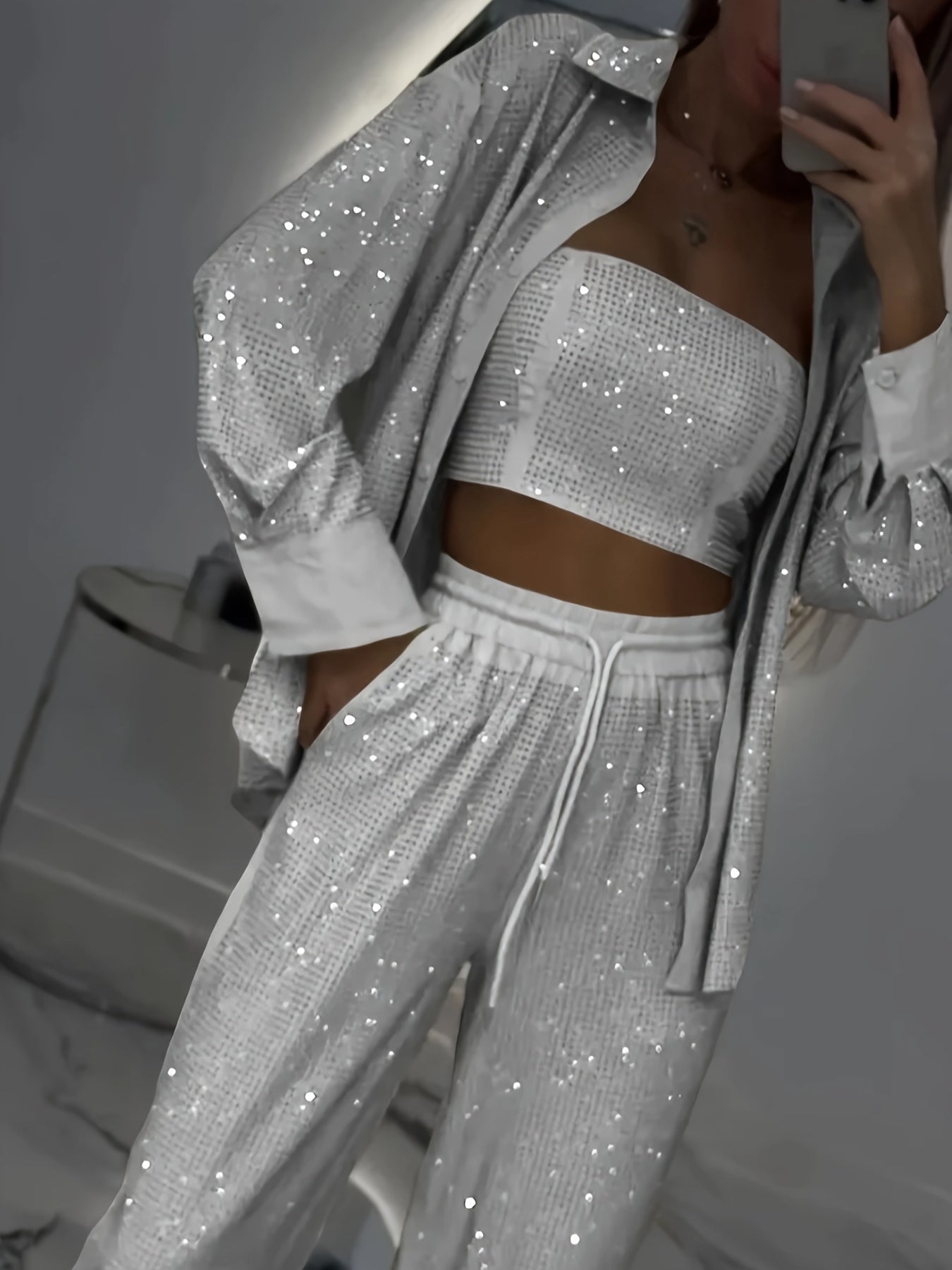 Women Elegant Three-Piece Set - Long Sleeve Loose Fit Jacket, Bustier & Wide-Leg Pants, Elastic Fabric, Button Front Closure Top