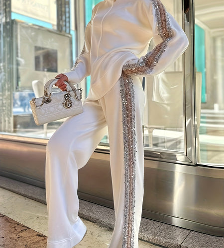 Fall New Arrival High-Neck Fashion Niche Sequin-Trimmed Pantsuit for Women, Stylish Ensemble, Elegant Outfit, Elegant Style, Chic Fashion, High quality Stitching, Sequin Detailing