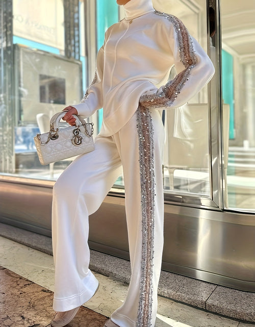 Load image into Gallery viewer, Fall New Arrival High-Neck Fashion Niche Sequin-Trimmed Pantsuit for Women, Stylish Ensemble, Elegant Outfit, Elegant Style, Chic Fashion, High quality Stitching, Sequin Detailing
