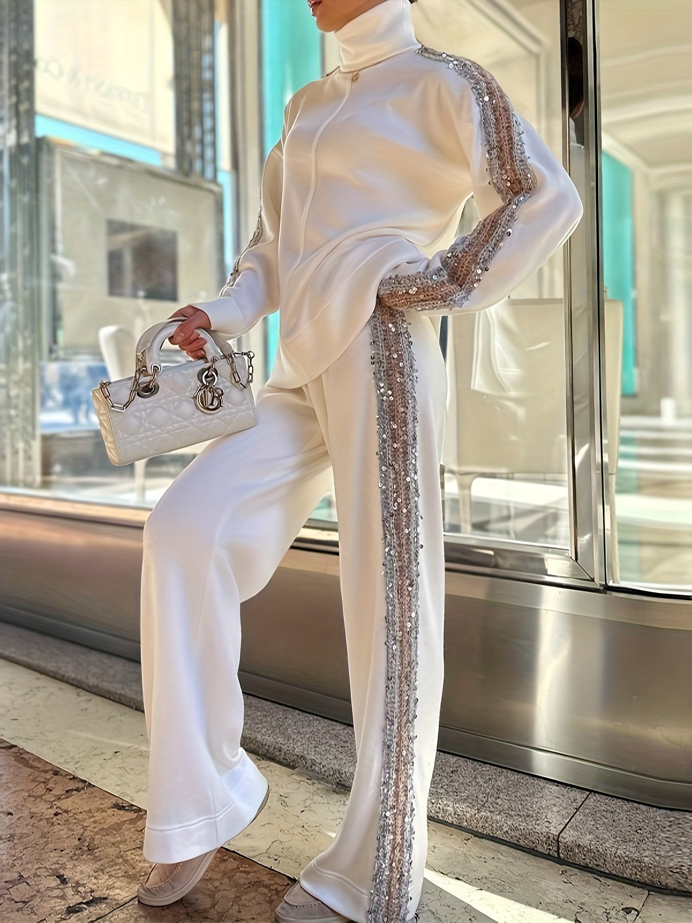 Fall New Arrival High-Neck Fashion Niche Sequin-Trimmed Pantsuit for Women, Stylish Ensemble, Elegant Outfit, Elegant Style, Chic Fashion, High quality Stitching, Sequin Detailing