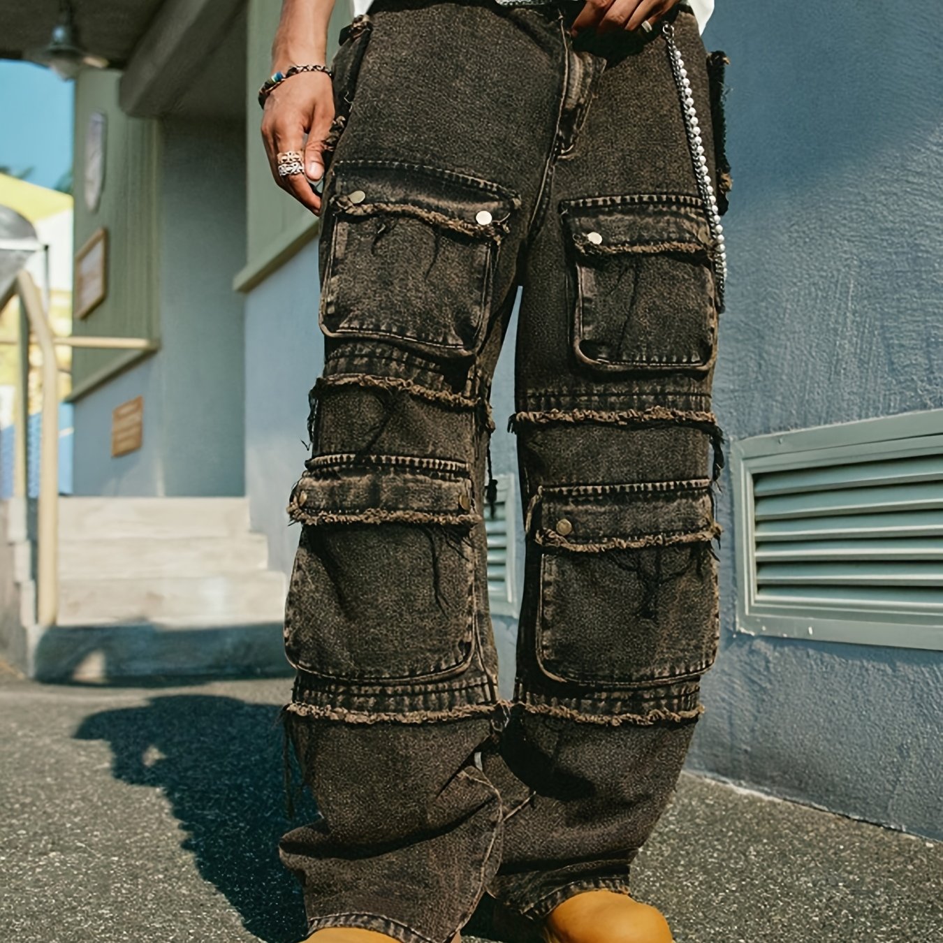 Men Relaxed Fit Straight Jeans, Multi-Pocket Cargo Trousers, Summer Style, Urban Hip-Hop Fashion, Suitable for All Seasons