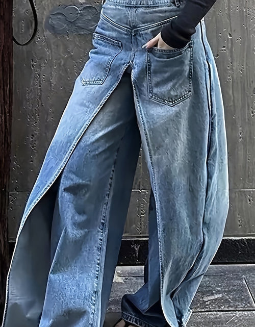 Load image into Gallery viewer, Women&#39;s 2-in-1 High Waist Vintage Washed Denim Jeans Magic Mia Barrel Jeans Baggy Urban Explorer Pants Faux Two-Layer Overlay Side Zipper Street Style
