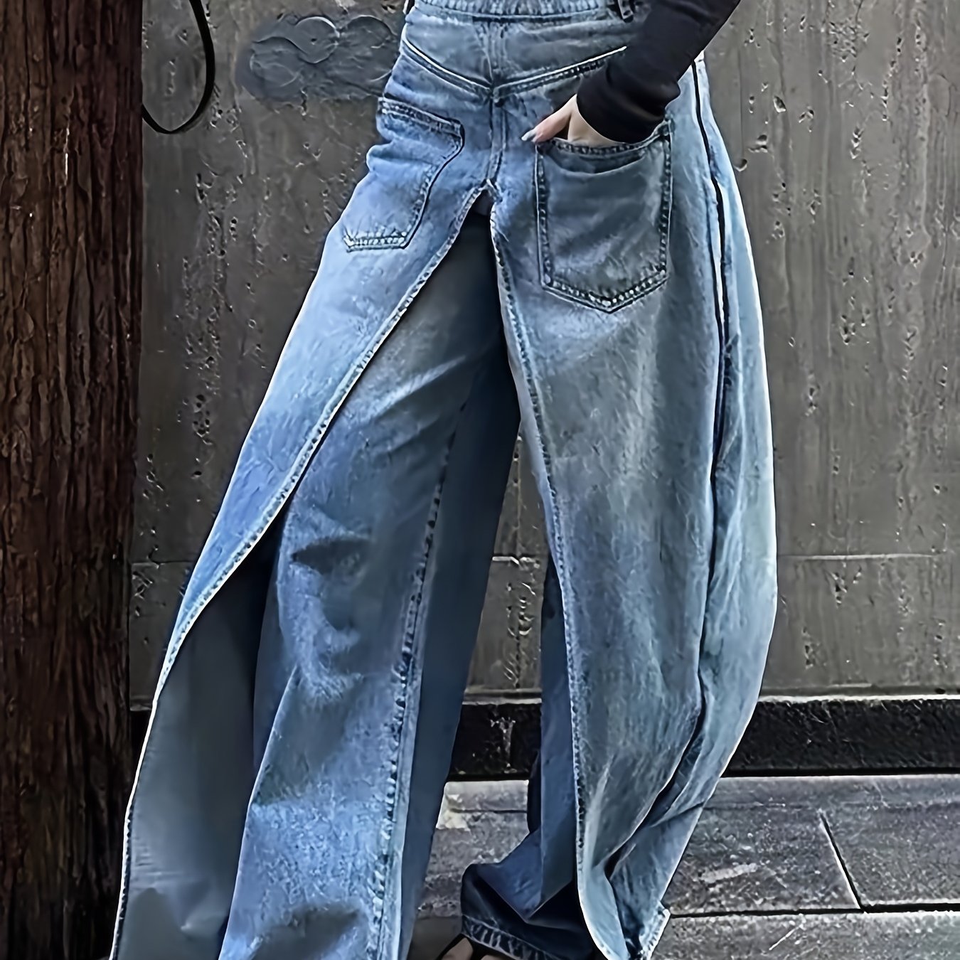 Women's 2-in-1 High Waist Vintage Washed Denim Jeans Magic Mia Barrel Jeans Baggy Urban Explorer Pants Faux Two-Layer Overlay Side Zipper Street Style