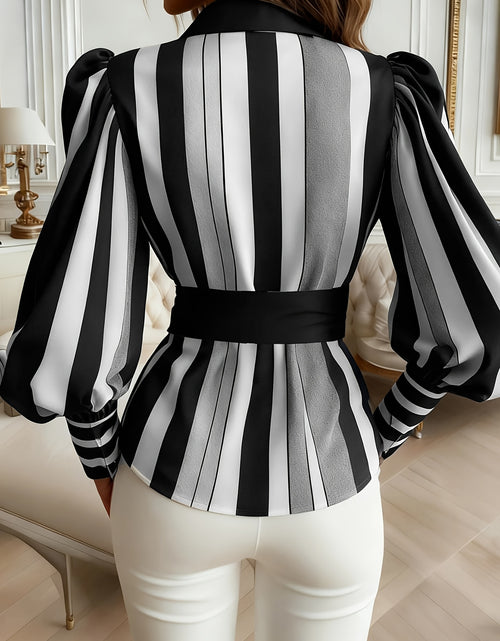 Load image into Gallery viewer, Fashionable Women Urban Striped Printing Shirt , Collar , with Balloon Sleeve Shirt With Belt
