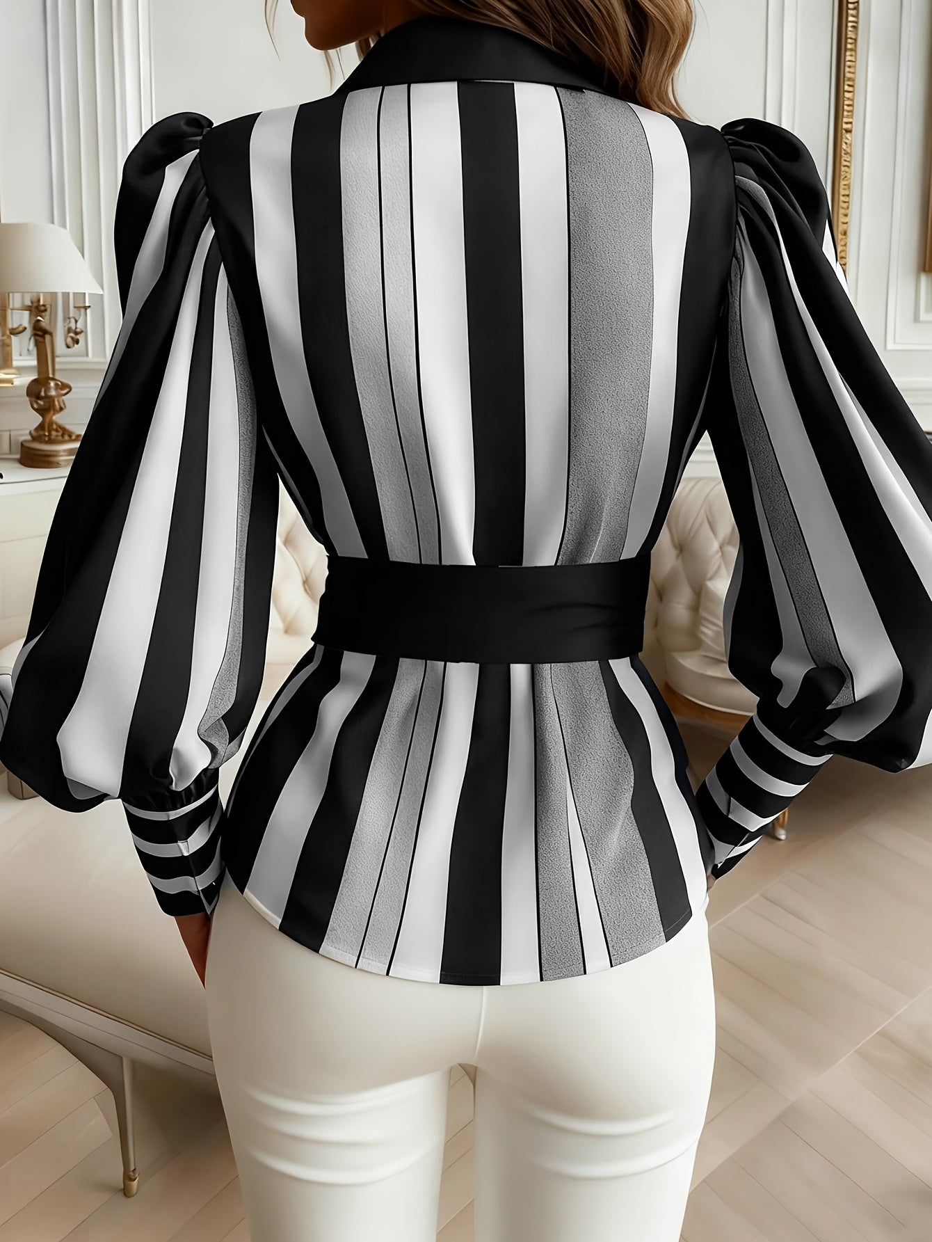 Fashionable Women Urban Striped Printing Shirt , Collar , with Balloon Sleeve Shirt With Belt