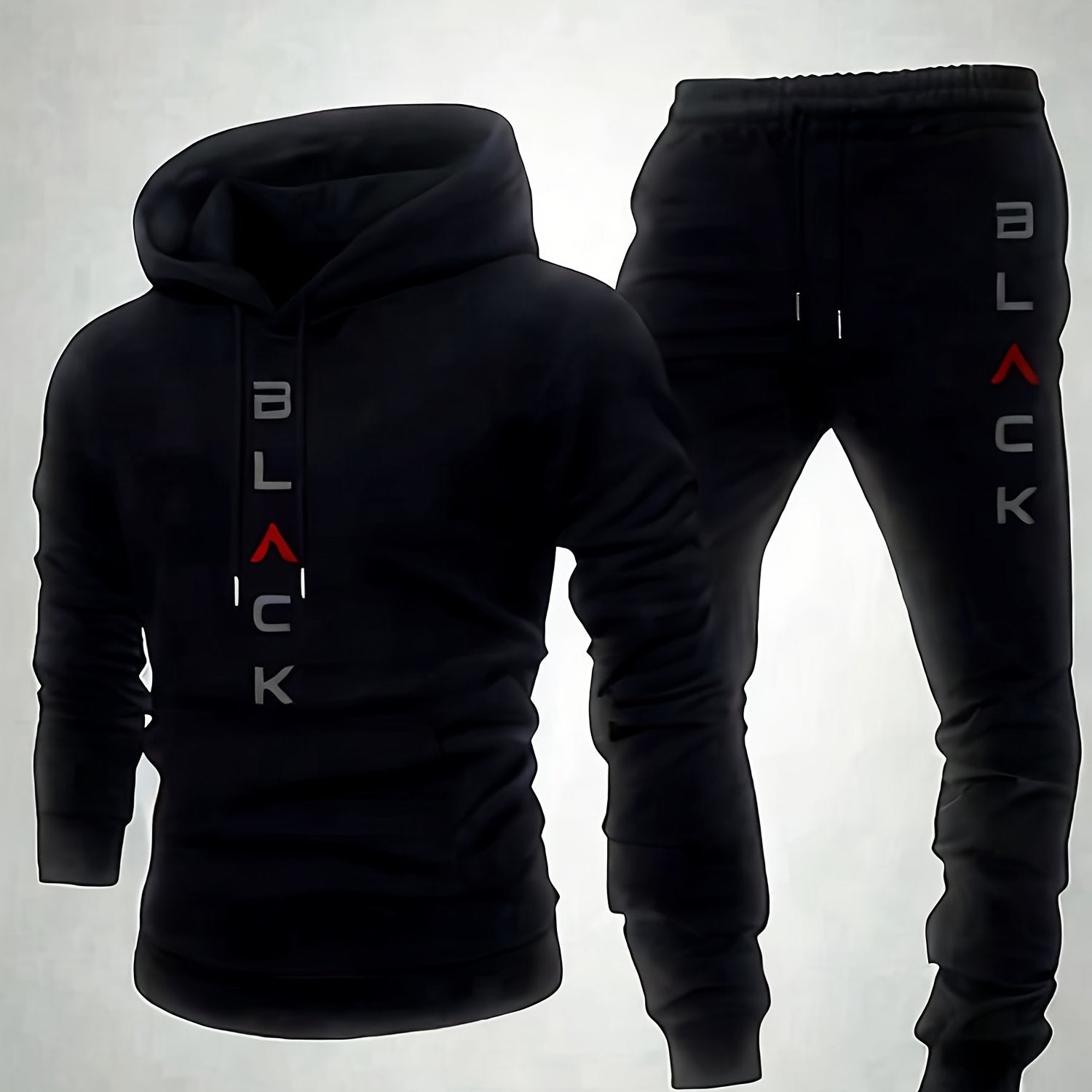 Black Retro Letter Printed Men's Two-piece Casual Round Neck Long Sleeved Hooded Sweatshirt And Sweatpants Set Suitable for Autumn And Winter Sportswear Set|Men's Sports Suit