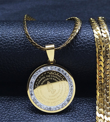 Elegant Golden-Tone Stainless Steel Serenity Prayer Hand Pendant Necklace with Crystal Accents - Hip Hop/Vintage Style Religious Jewelry for Men & Women, Perfect for Daily Wear