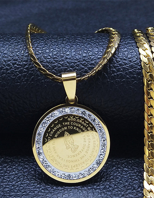 Load image into Gallery viewer, Elegant Golden-Tone Stainless Steel Serenity Prayer Hand Pendant Necklace with Crystal Accents - Hip Hop/Vintage Style Religious Jewelry for Men &amp; Women, Perfect for Daily Wear
