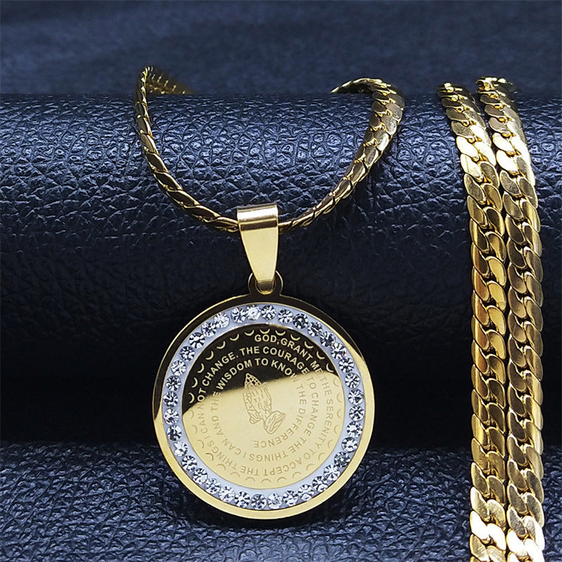 Elegant Golden-Tone Stainless Steel Serenity Prayer Hand Pendant Necklace with Crystal Accents - Hip Hop/Vintage Style Religious Jewelry for Men & Women, Perfect for Daily Wear