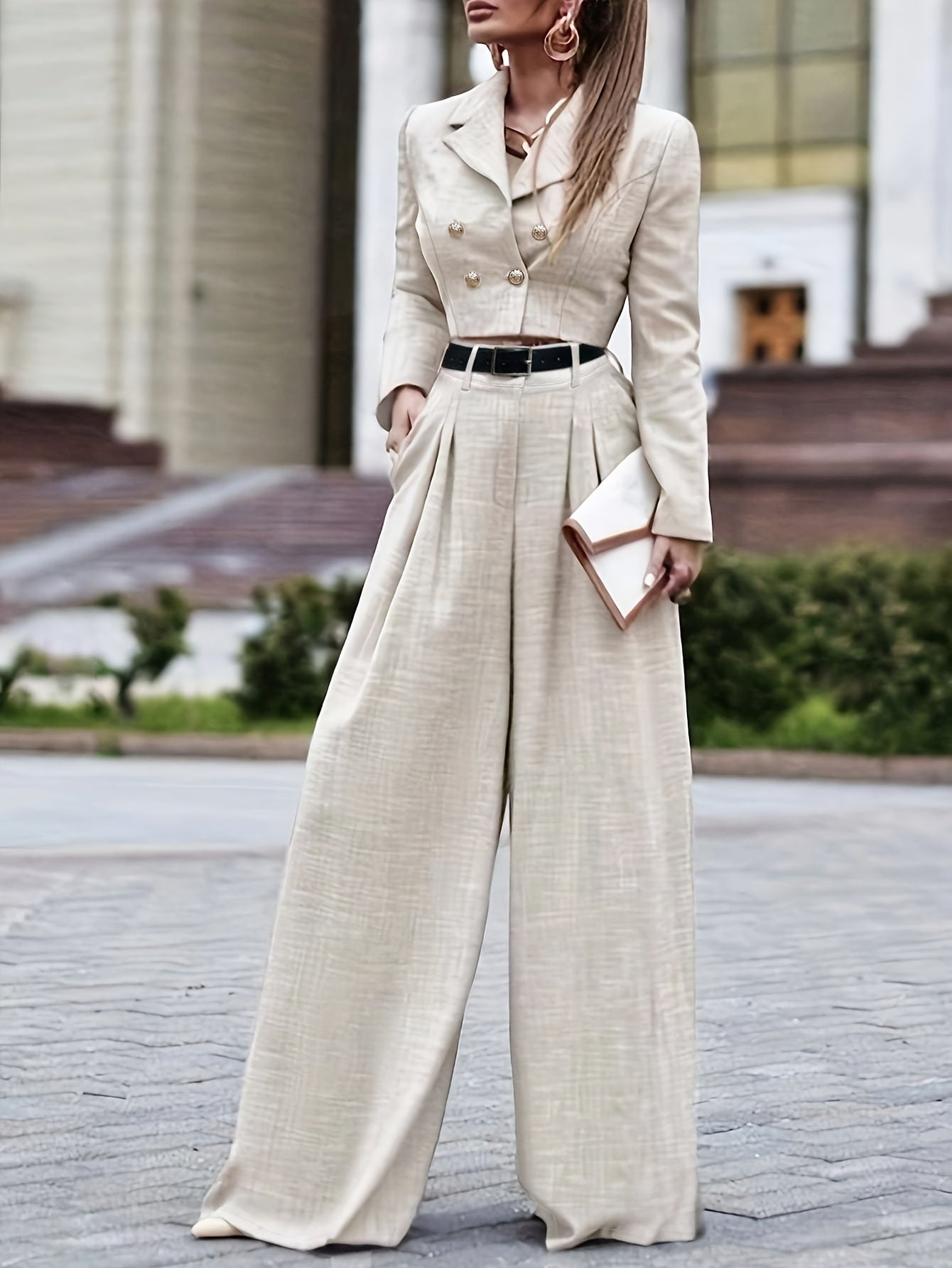 Women's Autumn Fit Turndown Long Sleeve Suit Jacket Loose Pants Suit Set