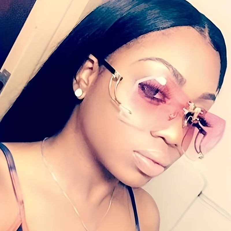 Frameless Oversized Fashion Glasses for Women - Gradient Pink to Clear Lenses, Hollow-Out Temple Arms, Protection & Anti-Glare Coating, Luxury Fashion Accessories