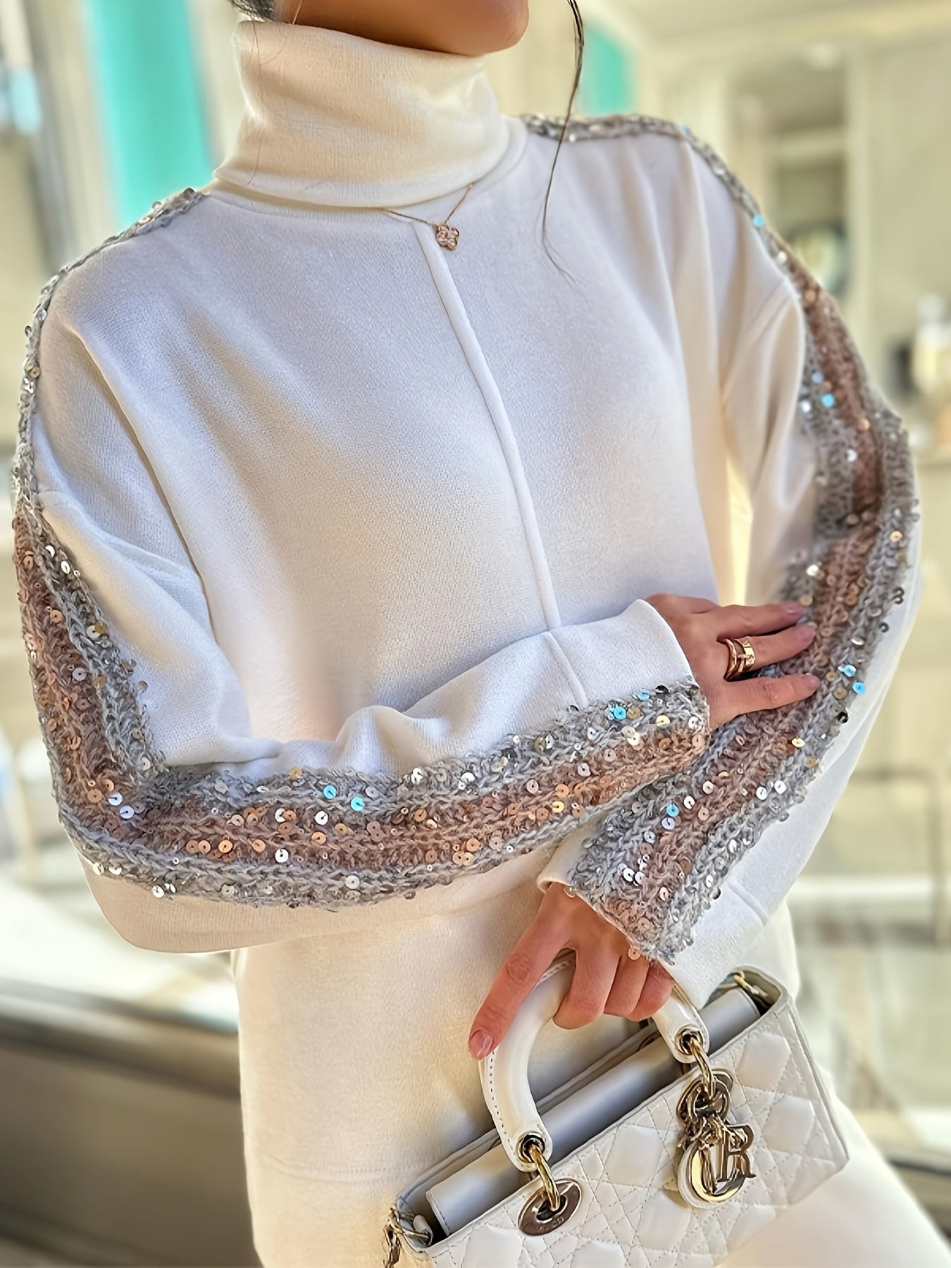 Fall New Arrival High-Neck Fashion Niche Sequin-Trimmed Pantsuit for Women, Stylish Ensemble, Elegant Outfit, Elegant Style, Chic Fashion, High quality Stitching, Sequin Detailing