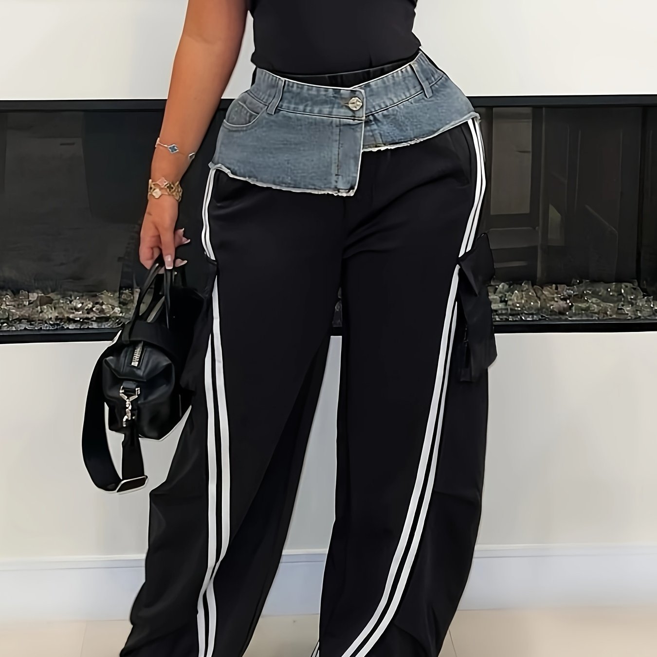 Denim Paneled Elastic Waistband Pull-up Loose Straight-leg Pants Striped Casual Sweatpants Women Trousers