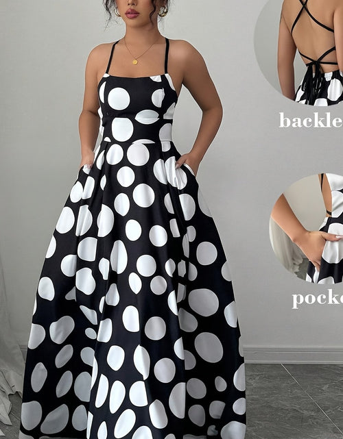 Load image into Gallery viewer, Women Sleeveless Black and White Polka Dot Maxi Dress with Tie Back Detail - Perfect for Spring/Summer/Fall, Vacation Style, Regular Fit, ,Flared Hem, Adult Size, Vacation Attire |Flared Hemline |Backless Dress
