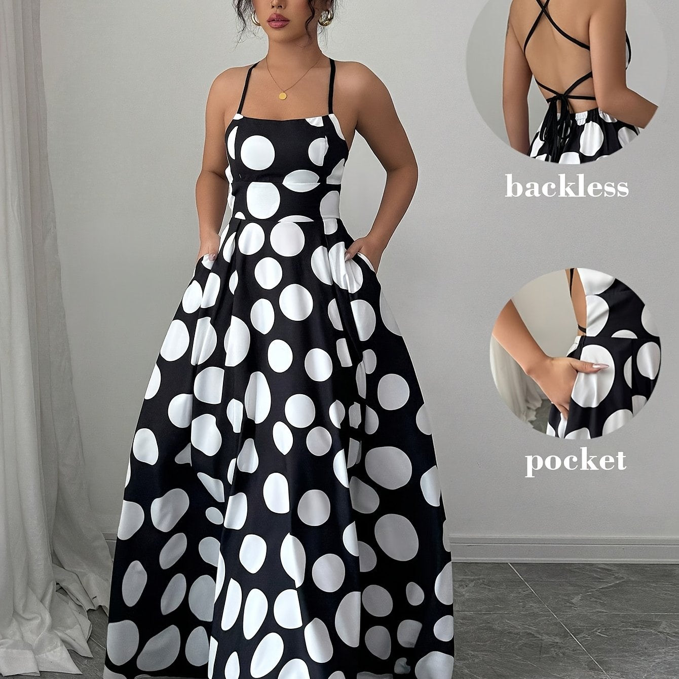 Women Sleeveless Black and White Polka Dot Maxi Dress with Tie Back Detail - Perfect for Spring/Summer/Fall, Vacation Style, Regular Fit, ,Flared Hem, Adult Size, Vacation Attire |Flared Hemline |Backless Dress