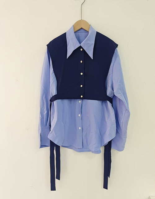 Load image into Gallery viewer, Women  Layered Tie-Front Blouse, Polyester Solid Color Long Sleeve Shirt, Lapel Collar, Double Layer Design
