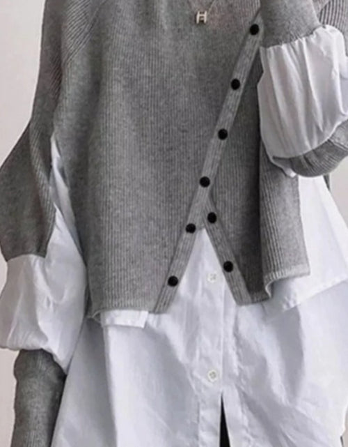 Load image into Gallery viewer, Elegant Two-Piece Sweater Shirt with Puffed Sleeves &amp; Button Front - Long Sleeve Round Neck All-Season Machine Washable Solid Color Outerwear
