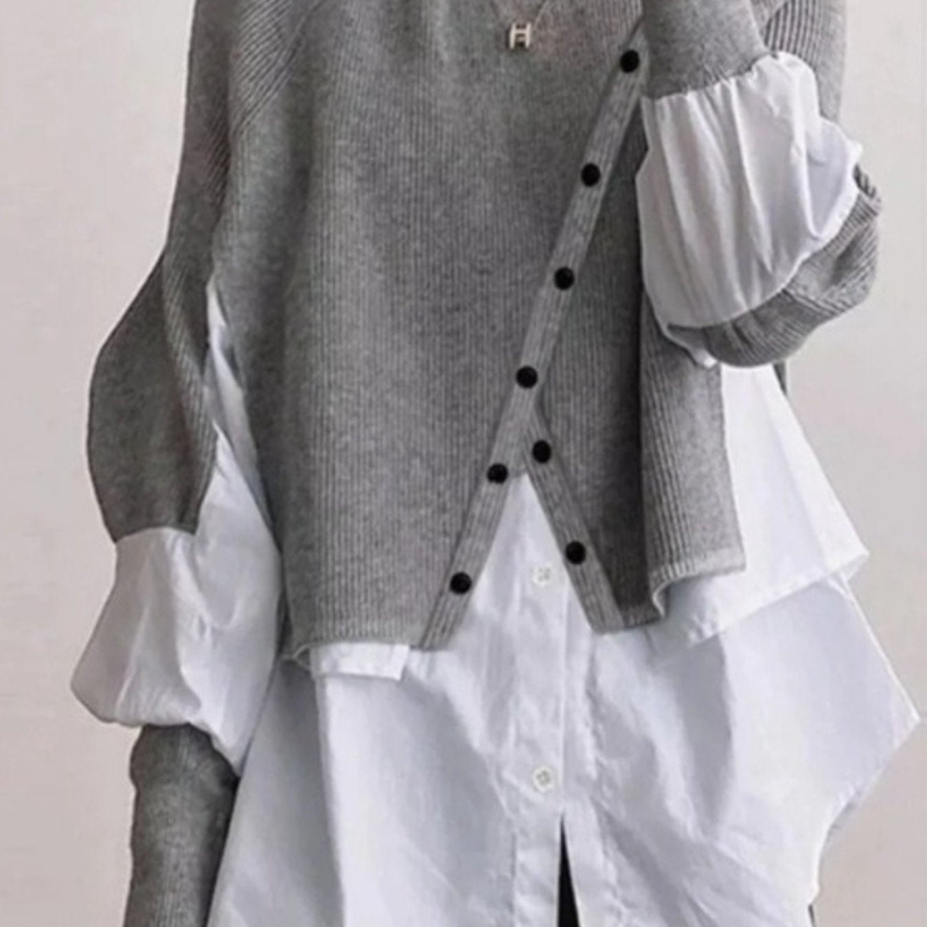 Elegant Two-Piece Sweater Shirt with Puffed Sleeves & Button Front - Long Sleeve Round Neck All-Season Machine Washable Solid Color Outerwear