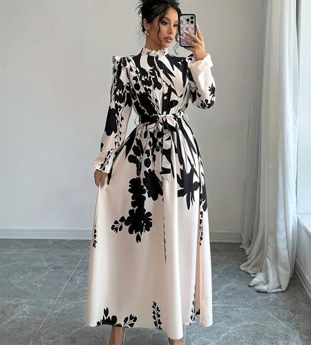 Elegant Floral Print Maxi Dress] Long Sleeve Elegant Floral Print Maxi Dress for Women - Machine Washable, Mock Neck with Belt Detail - Perfect for Spring