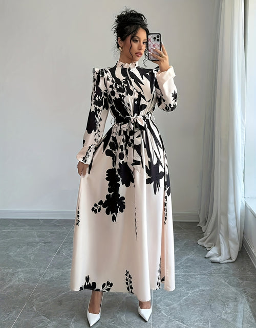 Load image into Gallery viewer, Elegant Floral Print Maxi Dress] Long Sleeve Elegant Floral Print Maxi Dress for Women - Machine Washable, Mock Neck with Belt Detail - Perfect for Spring
