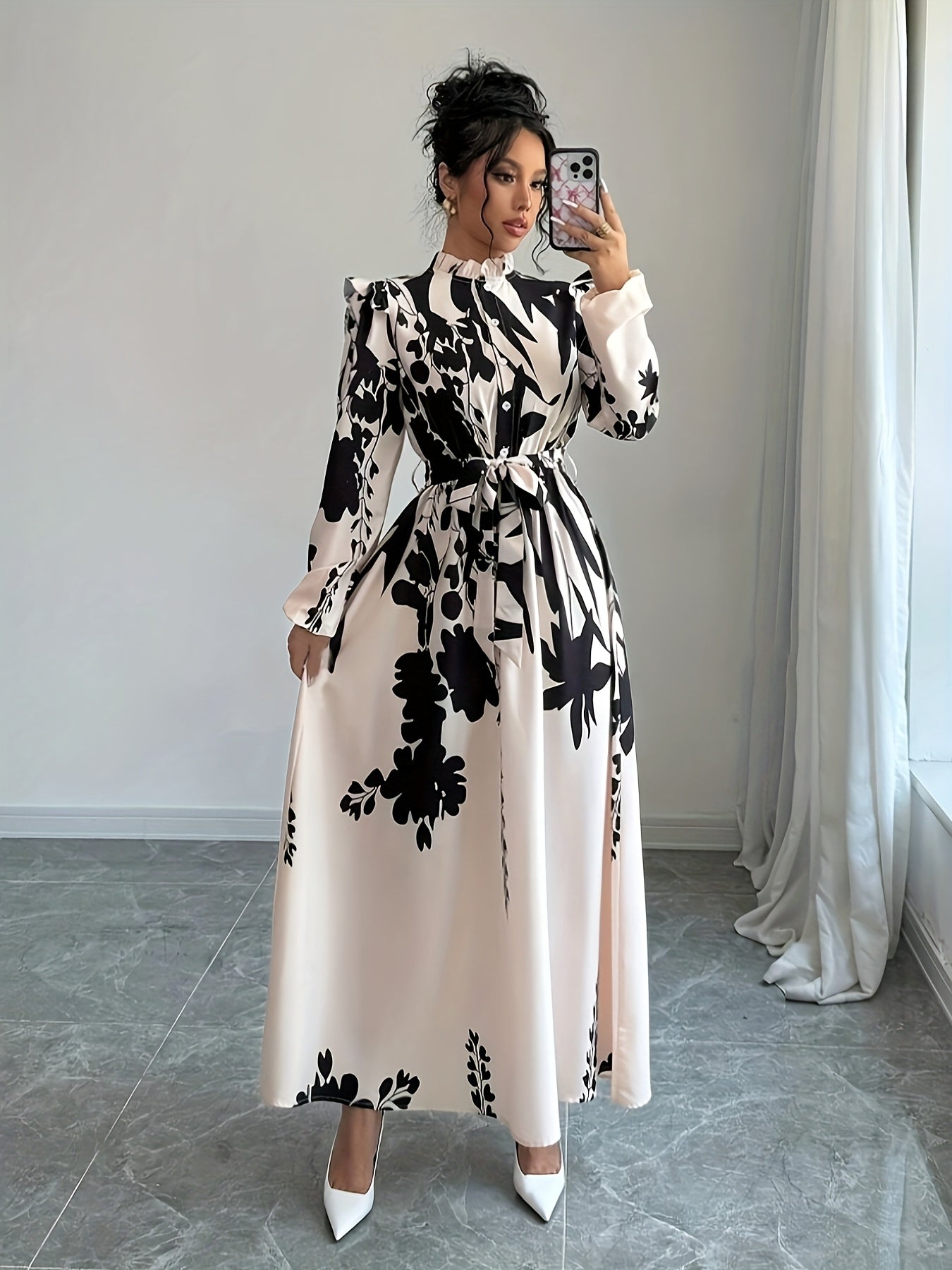 Elegant Floral Print Maxi Dress] Long Sleeve Elegant Floral Print Maxi Dress for Women - Machine Washable, Mock Neck with Belt Detail - Perfect for Spring