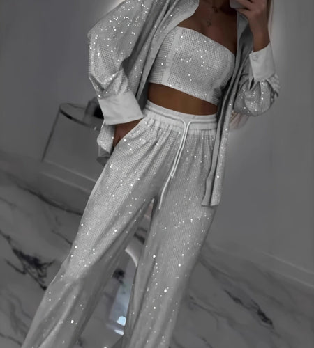 Women Elegant Three-Piece Set - Long Sleeve Loose Fit Jacket, Bustier & Wide-Leg Pants, Elastic Fabric, Button Front Closure Top