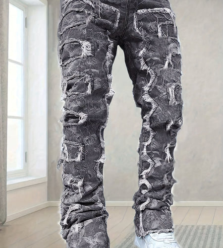 Men Straight Leg Jeans with a Slim Fit And Distressed Hem | Mid Rise Casual Pants Without Stretch | Utility Design with Multiple Pockets | Vintage Washed Style | Suitable for Work And Street Fashion