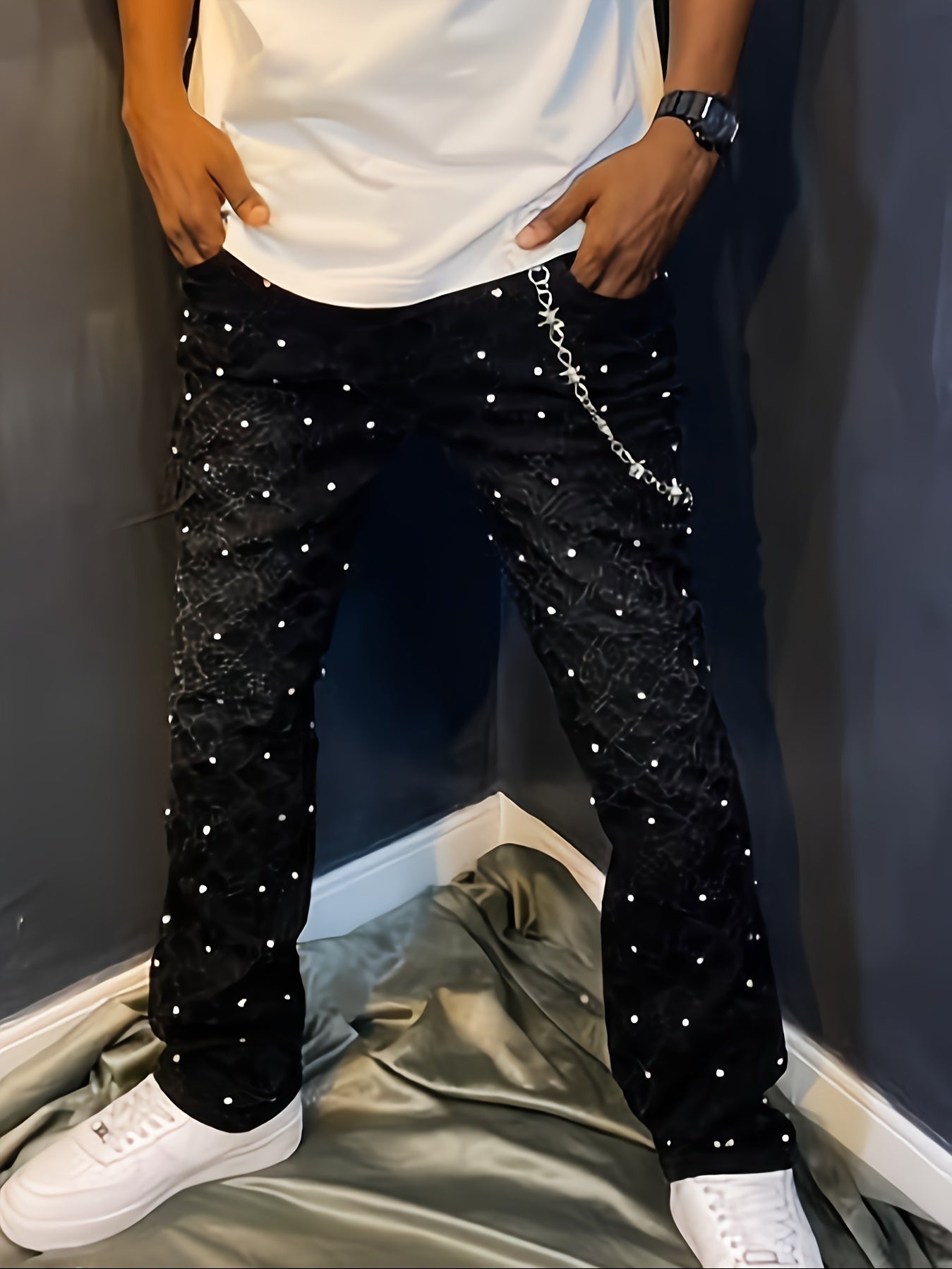 Men's Sparkling Elastic Straight Jeans ,Skinny Cotton Blend with Nail Drill Decoration